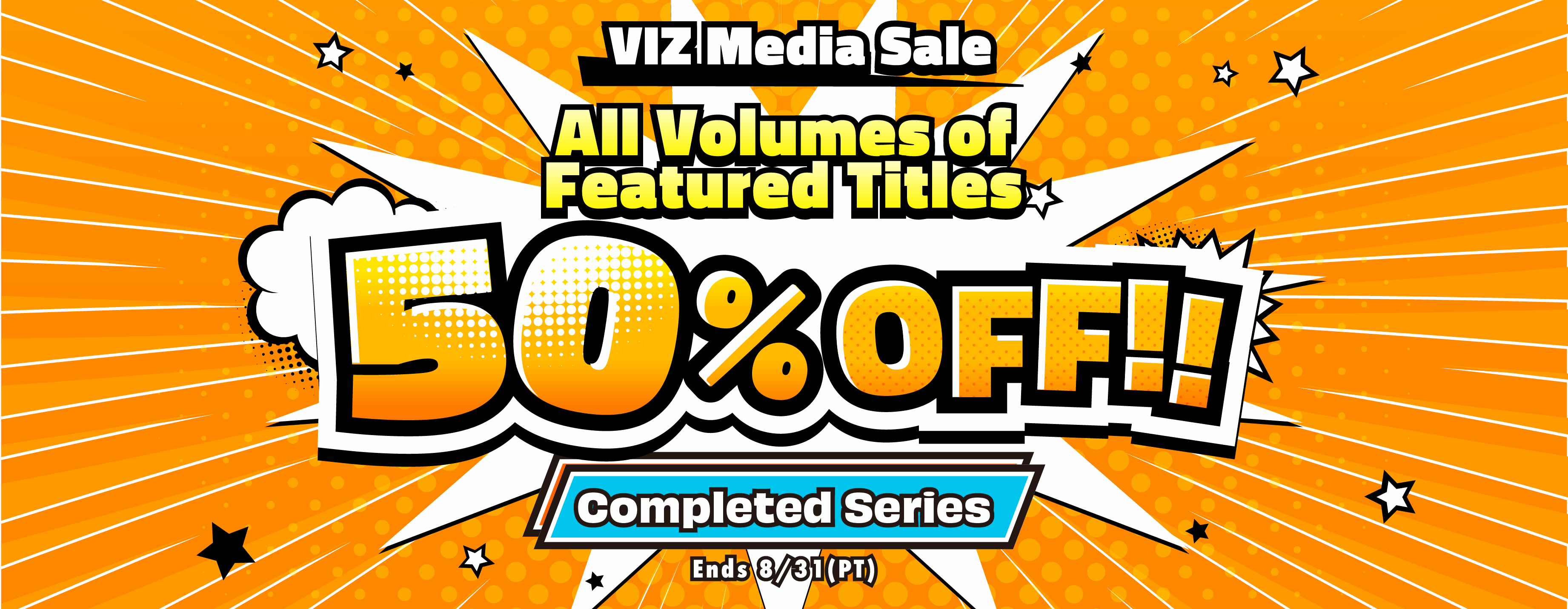 Promotional banner for MANGA MIRAI x VIZ Media 50% off sale, featuring characters from various manga series.