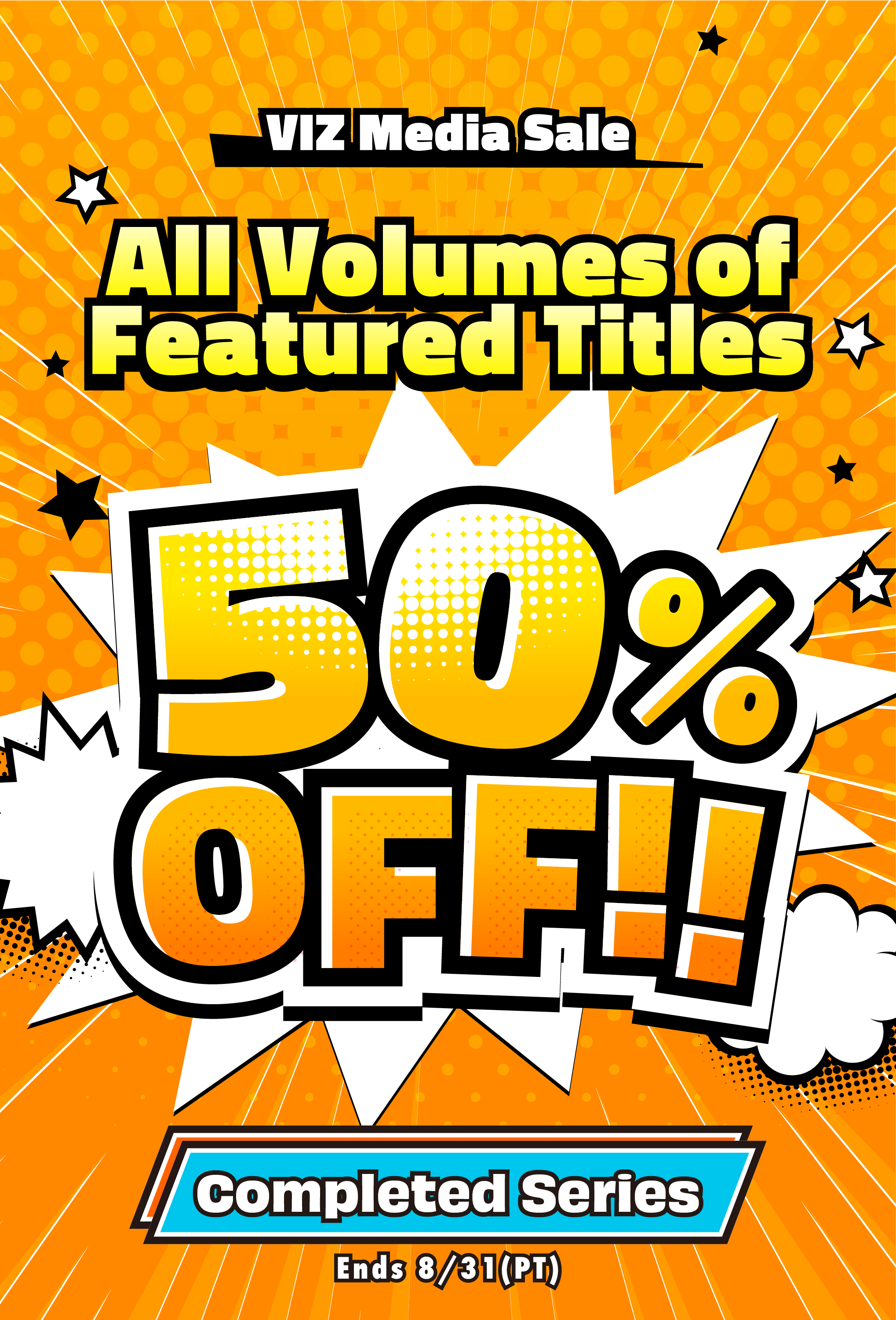 Mobile promotional banner for MANGA MIRAI x VIZ Media 50% off sale.