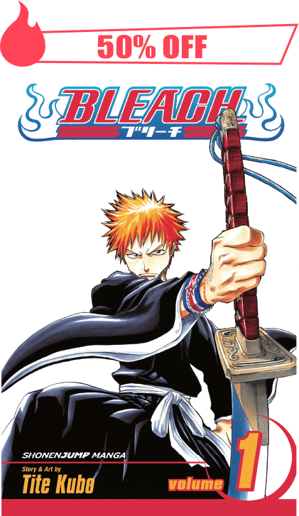 Cover of the manga series BLEACH with a 50% off promotion.