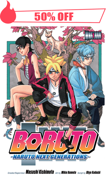 Cover of the manga series Boruto: Naruto Next Generations with a 50% off promotion.