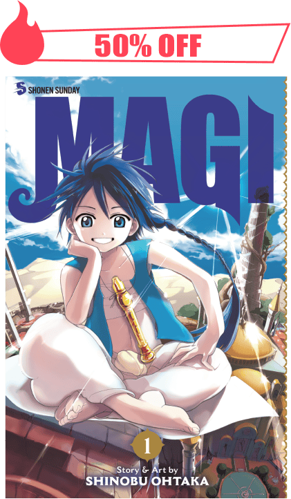 Cover of the manga series Magi: The Labyrinth of Magic with a 50% off promotion.