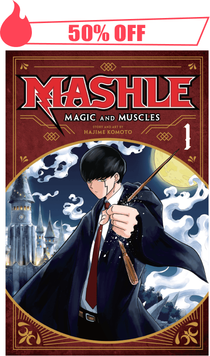 Cover of the manga series Mashle: Magic and Muscles with a 50% off promotion.