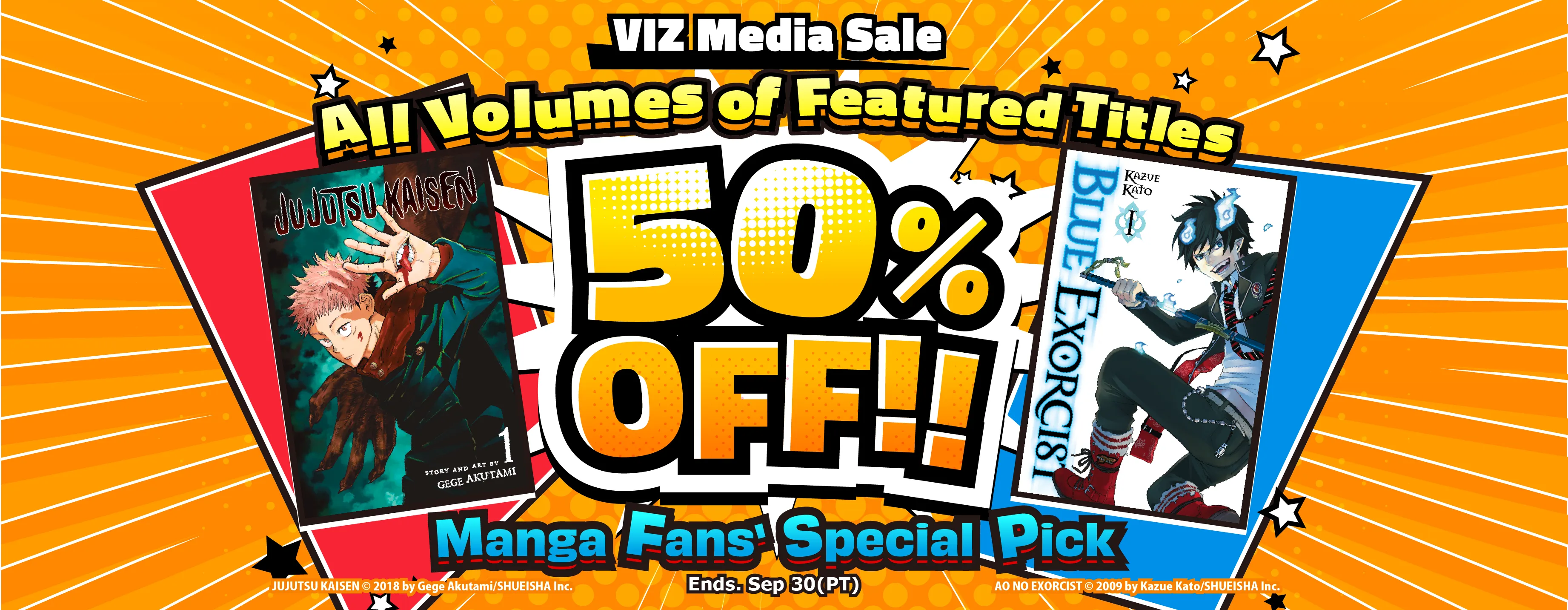 Promotional banner for MANGA MIRAI x VIZ Media 50% off sale, featuring characters from various manga series.